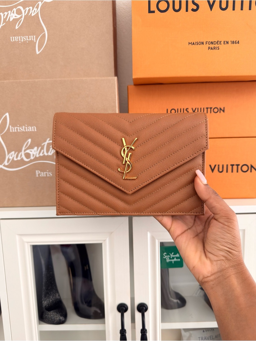 Saint Laurent Tan Quilted Chevron Leather Envelope Clutch with Gold YSL